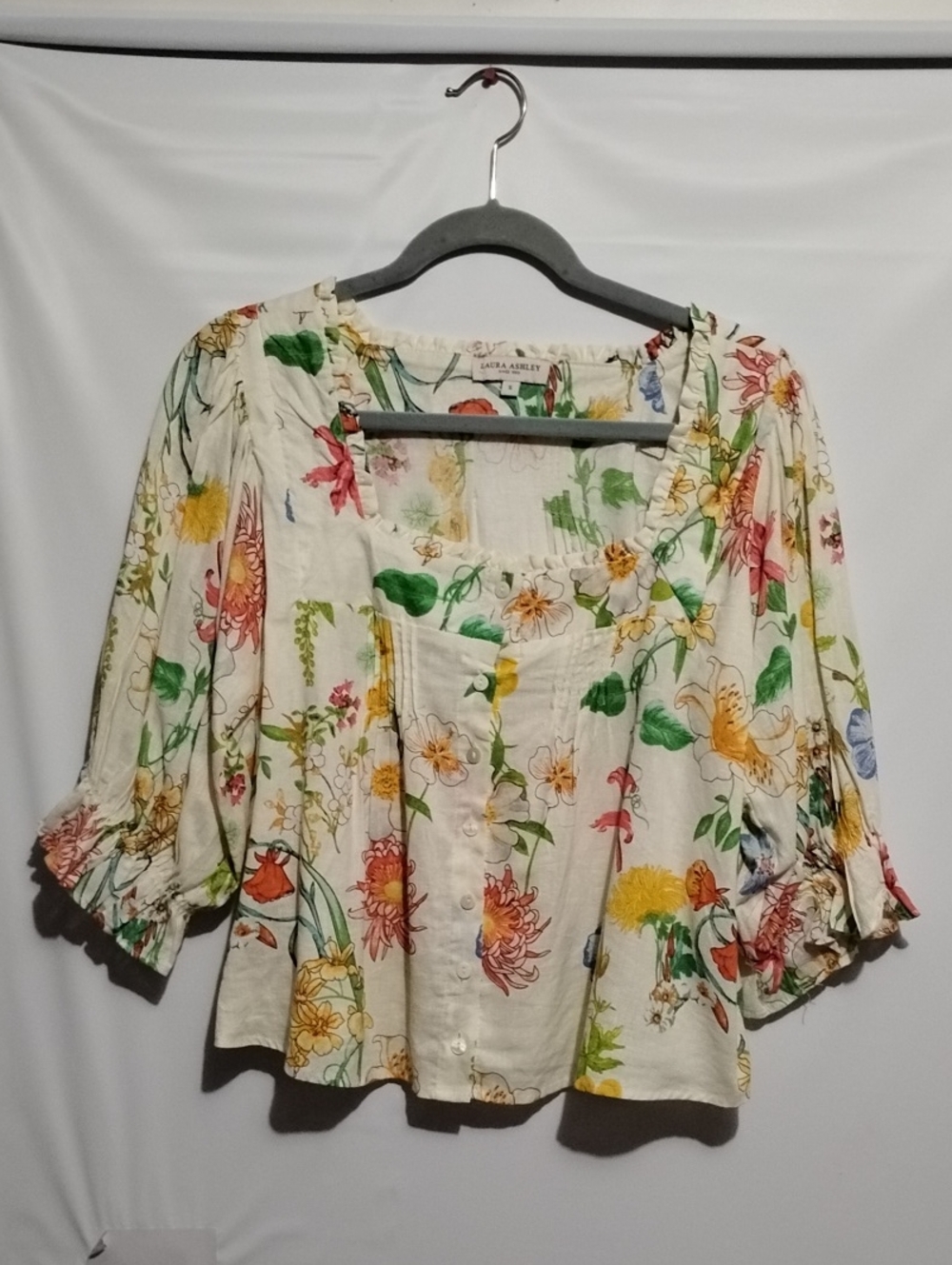 Laura Ashley Square Neck Pintuck Multicolor Button‎ Down Blouse